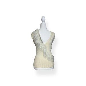 bebe Cream V-Neck Sweater with Ruffle Accent